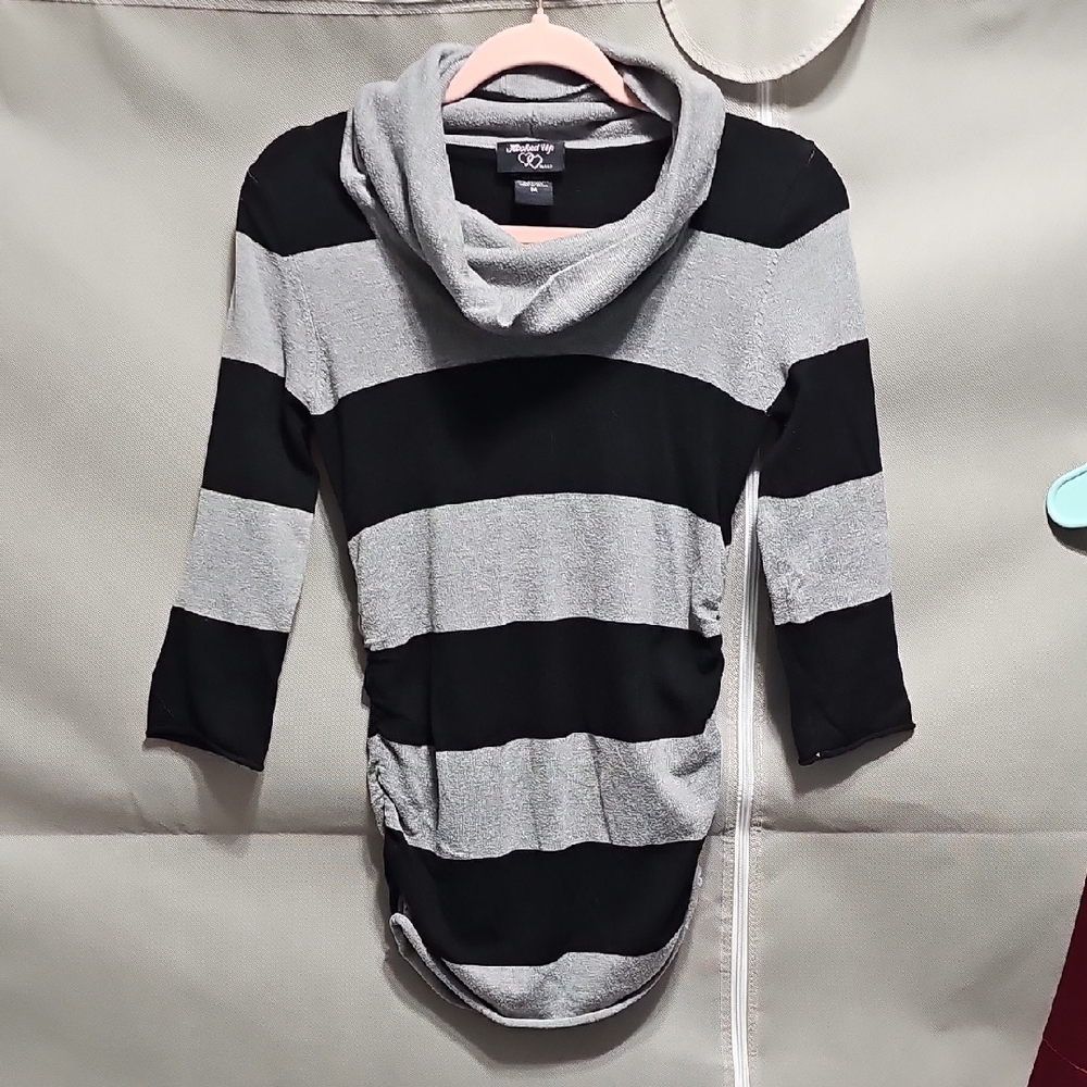 Hooked Up by IOT Black and Gray Striped Cowl Neck Sweater